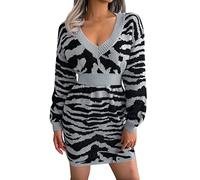 Robe Pull Moulante rayée côtelée à Manches Longues et col en V pour Femme Robe Vintage Taille