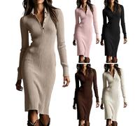 Robe Pull-Over Femme à Côtes, Col Demi-Zippé à Boutons, Robe Longue Hiver