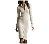 Robe Pull-Over Femme à Côtes, Col Demi-Zippé à Boutons, Robe Longue Hiver