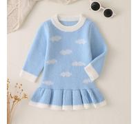 Robe pull pour bébé fille, motif ours mignon, décoration jacquard effet laine raffinée, col rond, coupe trapèze avec ourlet plissé et nœud décoratif fait main, convient pour les sorties, les voyages e