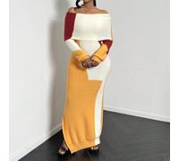 Robe-pull pour femmes, robe longue pour femmes, robe longue tricotée à col unique fendue, patchwork coloré, ajustement sexy et mince pour les réunions entre amis, quatre saisons, vêtements d'automne e