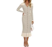 Robe Pull rayée pour Femme, Manches Longues, col en V, Boutons, élégante, Coupe ajustée, Moulante, en Tricot(M)