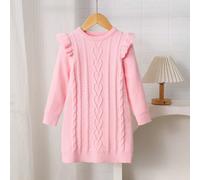 Robe pull texturée à col rond, manches longues, patchwork et volants pour jeune fille LMoss. Convient pour un port décontracté quotidien avec un certain niveau de chaleur, automne/hiver 6Y,7Y,4Y,5YTri