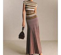 Robe pull tricotée chic française pour femmes, robe sans manches à rayures contrastées, tenue d'automne, brunch bureau marron rayé rétro 80s 90s 60s L,M,S,XSRayéTricots