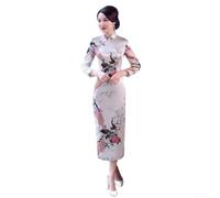Robe Qipao chinoise Cheongsam imprimée paon élégante à manches longues pour les fêtes de printemps et d'été et tenue quotidienne décontractée Blanc Taille M (L blanc)