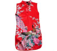 Robe Qipao pour fille, coupe ajustée, style Cheongsam, paon, imprimé floral, manches courtes, col en larme, tenue de fête traditionnelle chinoise (8 rouge)