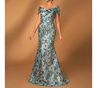 Robe queue de poisson avec fleurs 3D en satin jacquard élégant et luxueux, convient pour les mariages, enterrements de vie de jeune fille, vacances, bals, galas, tenue de cérémonie de la mère de la ma