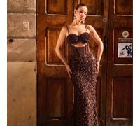 Robe queue de poisson chocolat - Robe de soirée ajourée à sequins 3D, robe de fête à franges de sequins lourds, robe de fête de rentrée scolaire, mariage automne L,M,S,XLPlantesTissu tricoté