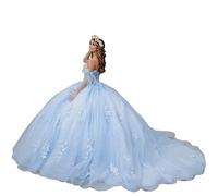 Robe Quinceanera en dentelle pour femme - Robe de bal à épaules dénudées - Robe de bal de princesse avec train - 16 robes bouffantes, bleu ciel, 34