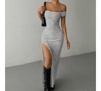 Robe rayée extra longue avec fente haute et épaules dénudées, nouvelle arrivée pour femmes, début de l'automne L,M,S,XL,XS,XXL,XXS,XXXL,XXXXLBlocs de couleur,RayéTricot côtelé