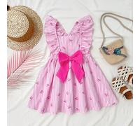 Robe rayée rose & blanc pour jeune fille, robe d'été de vacances de fée avec nœud papillon tissé, col carré, ourlet à volants, robe de soleil décontractée pour vacances en famille pour petite fille 6Y