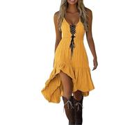 Robe Retro à Col en V et Manches Courtes pour Femmes Vintage Western Country Robes Décontractée Robe de Vacances Fête Grande Taille Gothique Jupe Deguisement Hippie Costume de Cowgirl