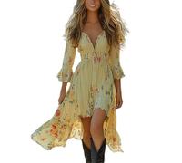 Robe Retro À Col en V Et San Manches pour Femmes Vintage Western Country Robes Mode Bohème Robe De Plage Vacances Grande Taille Médiéval Jupe Deguisement Hip Hop Costume De Style Cowboy