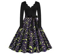 Robe RéTro Femme Deguisement Halloween Adulte - Robe Style Audrey Hepburn à Manches Longues Et Col en V AnnéEs 1950 De SoiréE De Bal De Fin D'AnnéE ImpriméE Cocktail Cosplay
