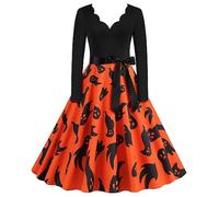 Robe RéTro Femme Deguisement Halloween Adulte, Robe Style Audrey Hepburn à Manches Longues Et Col en V AnnéEs 1963 De SoiréE De Bal De Fin D'AnnéE ImpriméE Cocktail Cosplay