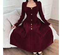 Robe rétro française à col carré en velours côtelé et manches longues, tendance début automne L,M,S,XL,XS,XXL,XXS,XXXL,XXXXLUnicoloreTissu tissé