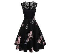 Robe rétro sans Manches en Dentelle avec épissure Populaire imprimée de Grande Taille pour Femme-Pivoine inférieure Noire-S