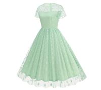 Robe rockabilly pour femme - Longueur genou - Robe de soirée festive élégante à pois - Robe de cocktail à manches courtes - Robe de soirée en dentelle - Robe de demoiselle d'honneur - Robe de bal