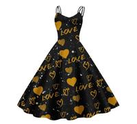 Robe rockabilly pour femme vintage rétro années 50 avec bretelles spaghetti, motif cœur, robe de fête, élégante, pour la Saint-Valentin, cocktail, sans manches, O Noir., S