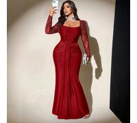 Robe rouge à manches lanternes et encolure carrée pour femmes grandes tailles Viva Relle, romantique pour invitée de mariage, cérémonie de remise des diplômes, bal de promo, vacances, invitée de maria