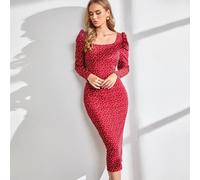 Robe rouge à manches longues avec imprimé confettis multicolores et cœurs, taille marquée (sans ceinture) L,M,S,XL,XS,XXLCœur,Tout ImpriméÉtoffe