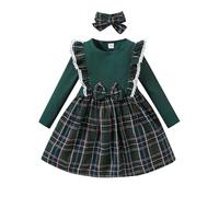 Robe Rouge Noel Enfant, Robes d'hiver élégante à Carreaux pour Petites Filles, Manches Longues, avec nœud, Style coréen, idéale pour Les fêtes d'enfants. (Green, 4-5 Years)