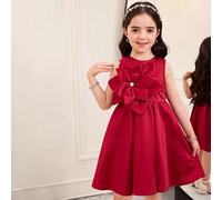 Robe rouge plissée à la taille avec décoration florale 3D, élégante et décontractée pour jeunes filles. Robe de princesse, pour porter au quotidien, pour la saison des mariages, la Saint-Valentin, rob