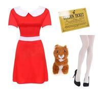 Robe rouge pour adultes avec col blanc, billet doré, écureuil en peluche de 20,3 cm et collants blancs - Costume de personnage de livre classique pour femme - Idéal pour la semaine du livre, les
