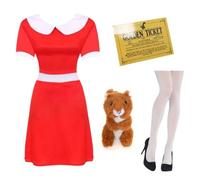 Robe rouge pour adultes avec col blanc, billet doré, écureuil en peluche de 20,3 cm et collants blancs - Costume de personnage de livre classique pour femme - Idéal pour la semaine du livre, les