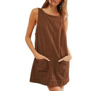 Robe Salopette en Velours côtelé pour Femme, Robe Pull en Velours côtelé pour Femme, Mini-Jupe à col Montant avec Poches, Mini-Robe Pull en Velours côtelé à col Rond avec Poches (Brown,L)
