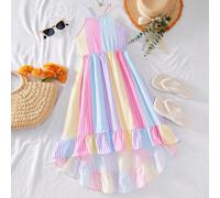 Robe sans manches à la mode pour adolescentes ! Avec son motif macaron à rayures blocs de couleurs, son col halter et son dos nu, sa jupe à volants multicouches, elle est accompagnée d'un mini sac ban