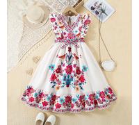 Robe sans manches à volants floraux mignonne et pour préadolescentes, convient pour les sorties quotidiennes, les vacances et les jours fériés 8Y,9Y,10Y,11Y,12YPlantesPolyester