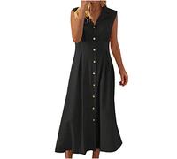 Robe sans manches en coton et lin pour femme, grande taille, élégante et ample, plissée avec col de chemise et fermeture à boutons, tenue décontractée d'été, Noir , L