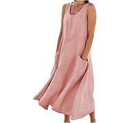 Robe sans Manches en Coton et Lin pour Femmes, Robes d'été à col Rond de Couleur Unie, Robe d'été Ample et Confortable pour la Plage (Pink,XXL)