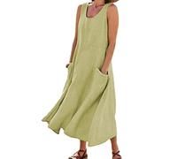 Robe sans Manches en Coton et Lin pour Femmes, Robes d'été à col Rond de Couleur Unie, Robe d'été Ample et Confortable pour la Plage (Light Green,XXXL)