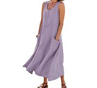 Robe sans Manches en Coton et Lin pour Femmes, Robes d'été à col Rond de Couleur Unie, Robe d'été Ample et Confortable pour la Plage (Violet,XXXL)