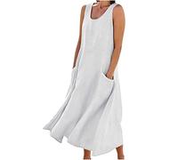 Robe sans Manches en Coton et Lin pour Femmes, Robes d'été à col Rond de Couleur Unie, Robe d'été Ample et Confortable pour la Plage (Beige,L)