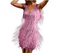 Robe sans manches en plumes à sequins à franges de couleur unie pour femmes Robe de Femme Robe Sequins Paillettes Couleur Unie sans Manches Bretelles Spaghetti Robe a Frange Cocktail Robe de Soirée
