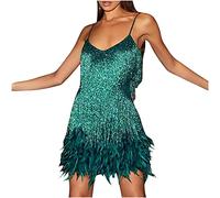 Robe sans manches en plumes à sequins à franges de couleur unie pour femmes Robe de Femme Robe Sequins Paillettes Couleur Unie sans Manches Bretelles Spaghetti Robe a Frange Cocktail Robe de Soirée