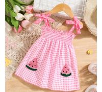 Robe sans manches en tissu éponge à carreaux rouges et blancs avec broderie de fraises en relief 3D pour bébé fille, convient pour une tenue décontractée de printemps/été 6-9M,9-12M,12-18M,18-24M,2-3Y