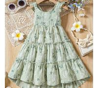 Robe sans manches imprimé fleur sauvage version coréenne décontractée pour femme fille jeune à la mode et élégante style ladylike d'été 6Y,7Y,4Y,5Y,2-3YFloral,Géométrique,Plantes,imprimé floral,Tout I