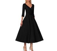 Robe Satin Femme Manche 3/4, Robe Longue Taille Haute-Robe De Soiree Chic Et Elegant Col V Avec Fermeture éClair Dress Coupe AjustéE Classique Casual Robes Pour Ceremonie Cocktail