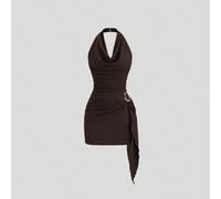 Robe sexy à col drapé, taille froncée et ourlet asymétrique avec décoration de boucle métallique, design élégant pour soirée, mode début d'été, marron et doré L,M,S,XL,XS,XXSUnicoloreTissu tricoté
