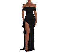 Robe Sexy à Épaules Dénudées pour Femmes Robes de Soirée Longues et Fendues Robe de Soirée Slim Sirène (Color : Schwarz, Size : S)