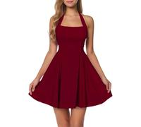 Robe sexy dos nu, robe trapèze, robe plissée, robe évasée, col carré, épaules dénudées, mini-jupe sans manches, robe d'été taille empire, coupe ajustée pour femme au quotidien, Rouge, S