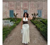 Robe sexy en dentelle & satin avec lien autour du cou, robe de bal élégante, robe de mariée, robe de fête de vacances, Saint-Valentin, printemps, blanc, automne L,M,S,XS,XXSBlocs de couleurSatin