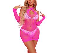 Robe Sexy Femme érotique Club libertin Dentelle Robe Transparente Dos Nu Femme sans Manches Robe Courte Femme ete Moulante Lingerie Nuisette Sexy Femme Coquine Hot Pas Cher (Pink, One Size)