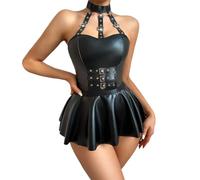 Robe Sexy Femme érotique Club libertin Grande Taille Cuir PU Robe Courte Femme Soiree ete Dos Nu avec Choker Collier Ras de Cou Babydoll Lingerie Tenue Coquine Hot pute (Black, M)
