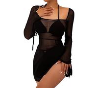 Robe Sexy Femme Manches Longues- Robe Transparente Fendue Courte Couleur Unie Moulante Mini Chic Et Élégants Décontracté Simple Léger Doux Housse Confortable Respirante pour Clubbing Dress