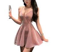 Robe Sexy pour Femme avec Bretelles - Robe de Soirée avec Glitzer - Robe de Tulle Brillante - Robe de Soirée avec Décolleté Profond et Dos Nu - Babydoll - Sous-Vêtement - Robe Spaghetti Mini avec